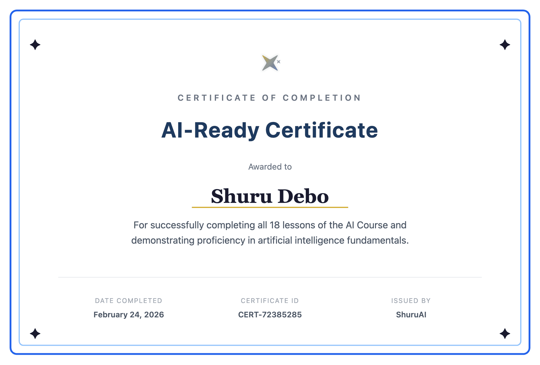 Sample AI-Ready Certificate awarded to a course graduate